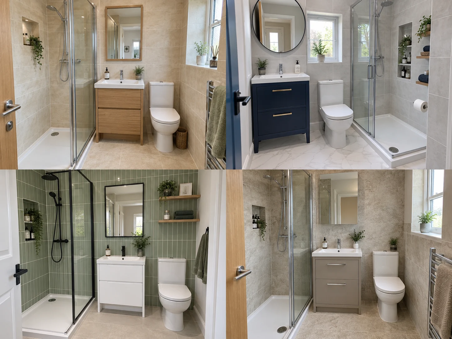 Compact shower room with sage green vertical tiles, white vanity, black screen